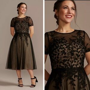 OLEG CASSINI A- line Tea-Length Tulle Dress with Floral Appliqué - Size 8